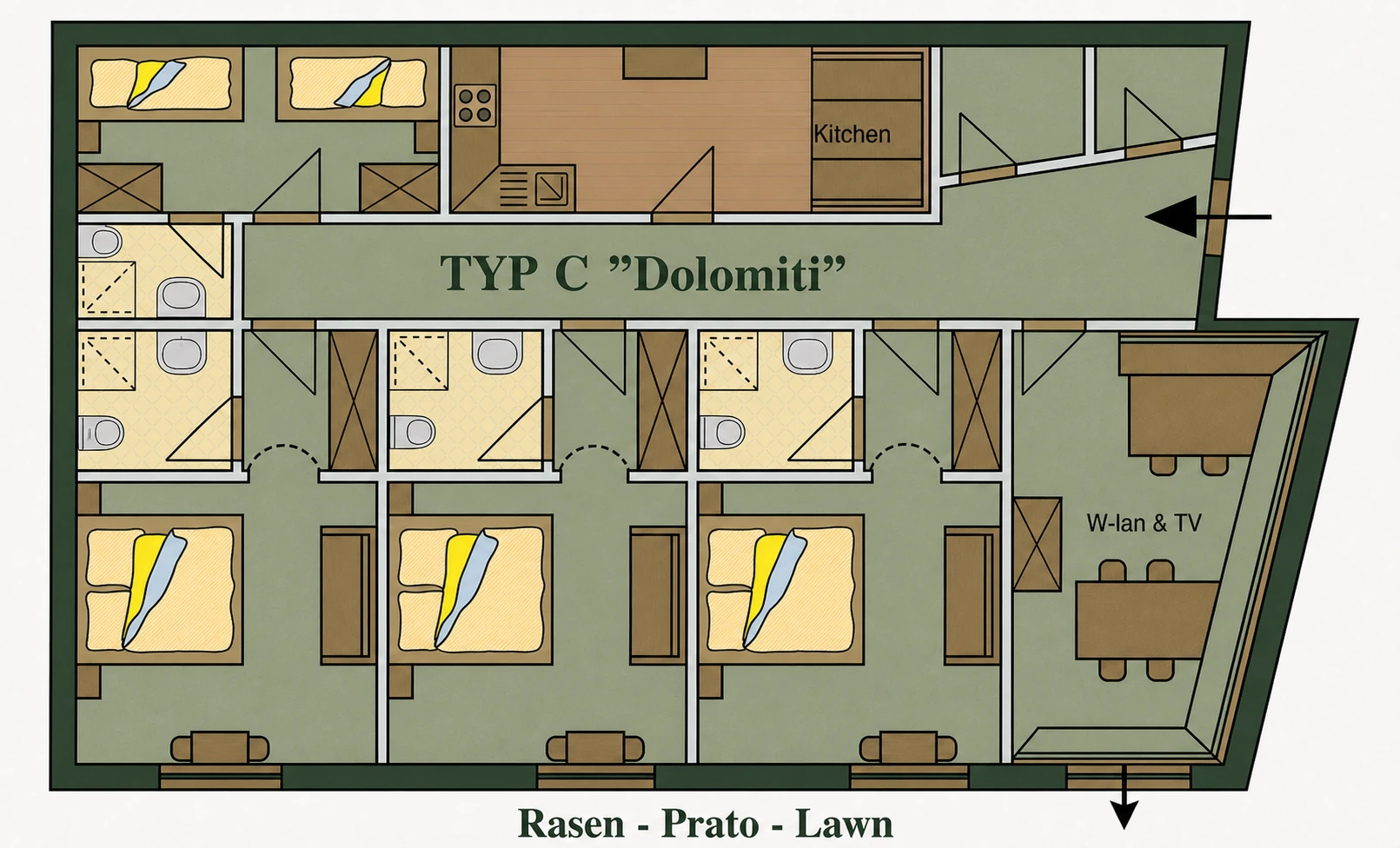 Grundriss des Appartement Typ C Dolomiti mit vier Schlafzimmern, zugeordneten Sanitärbereichen, separater Küche, Tiroler Stube und Garten vor der unteren Fensterfront