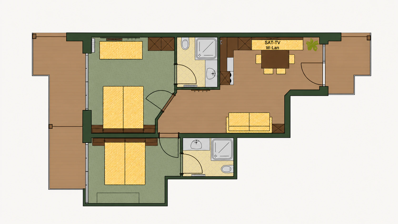 Grundriss des oberen Appartement Typ B Kristall mit zwei Schlafzimmern, zwei Bädern, Wohnküche und Balkon