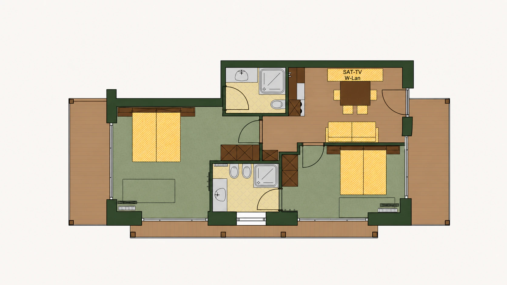 Grundriss des unteren Appartement Typ B Kristall mit zwei Schlafzimmern, zwei Bädern, Wohnküche und Balkon