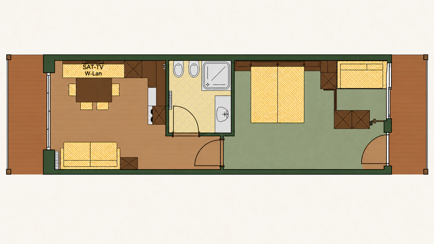 Grundriss des Appartement Typ A Panorama mit Wohnküche, Bad, Schlafzimmer, zusätzlichem Schlafplatz und durchgehendem Balkon