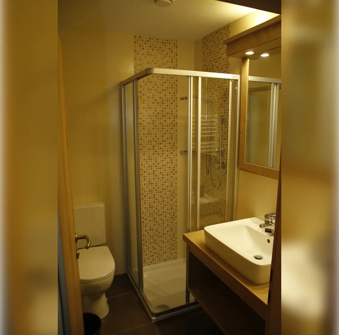 Sanitärbereich im Appartement Typ C Dolomiti mit Dusche, Waschbecken und WC